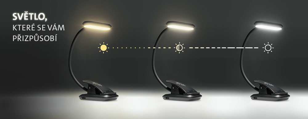 Stolní LED lampička ETA 089490000 s klipem, nabíjecí, stmívatelná černá Infografika černé LED lampičky ETA 089490000 s klipem ukazující tři režimy barvy světla: teplou bílou pro relaxaci, neutrální denní bílou a studenou bílou pro soustředění. Nad lampičkami je nápis: SVĚTLO, KTERÉ SE VÁM PŘIZPŮSOBÍ