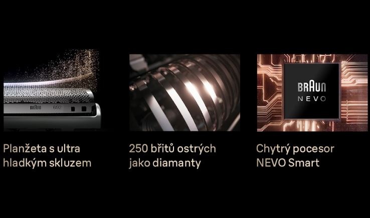 Obrázek zachycuje diamantem broušené ostré břity a planžetu s ultra hladkým skluzem pro dokonalé oholení bez podráždění.