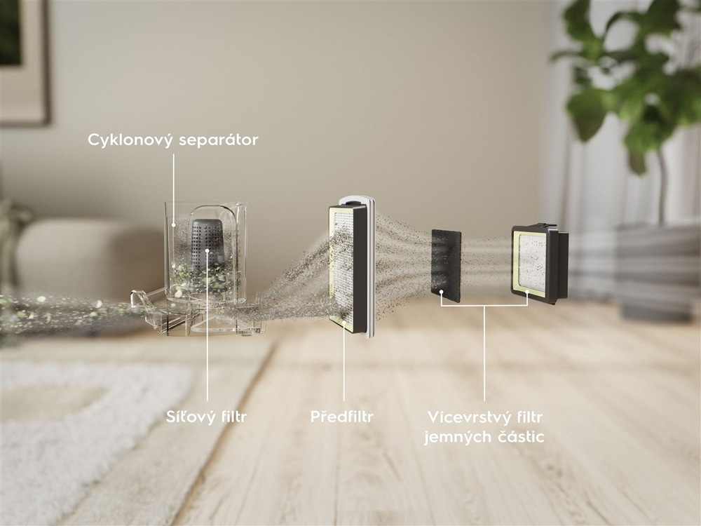 Podlahový vysavač Electrolux 300 EL31C1LDB modrý Cyklonový separátor vysavače Electrolux EL31C1LDB série 300 obsahuje síťový filtr, předfiltr a vícevrstvý filtr jemných částic