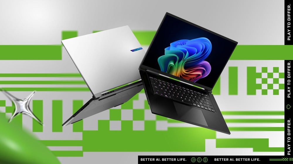 Notebook GIGABYTE AERO X16 1WH93CZC64AH černý/šedý Dva elegantní notebooky stojí proti sobě na zeleném a šedém geometrickém pozadí, jeden zavřený s kovovým povrchem, druhý otevřený s jasným displejem. Text „Rozdílový hráč“ a „Lepší AI. Lepší život.“ lemuje obrázek. V rohu je kovový hvězdicový motiv.