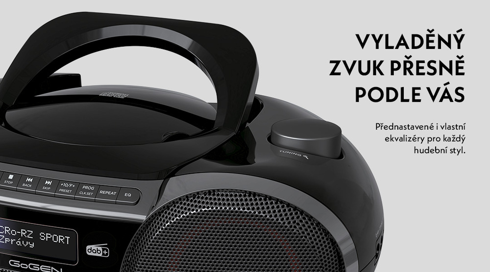 Detail černého radiopřehrávače GoGEN CDM 490 BTDABS s ovládacími tlačítky a nápisem: Vyladěný zvuk přesně podle vás díky přednastaveným i vlastním ekvalizérům pro každý hudební styl