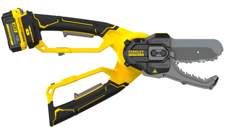 Boční pohled na Stanley FatMax SFMCPS515M1-QW mini řetězovou pilu s lištou 15 cm