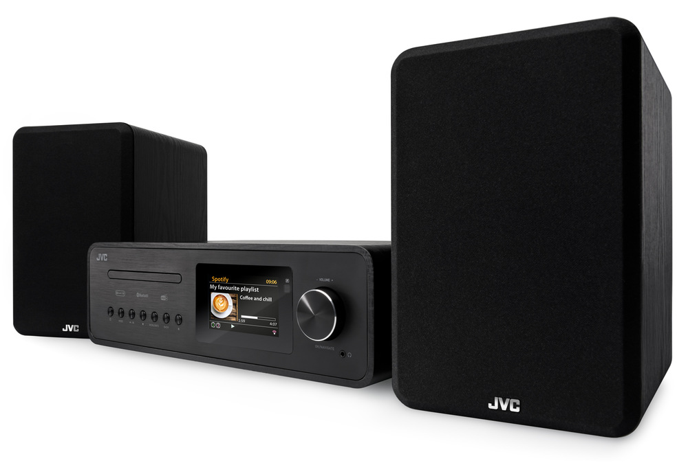Černý mikrosystém JVC MX-E455 s CD přehrávačem, funkcí Spotify Connect, barevným LCD displejem a dvěma dřevěnými reproduktory