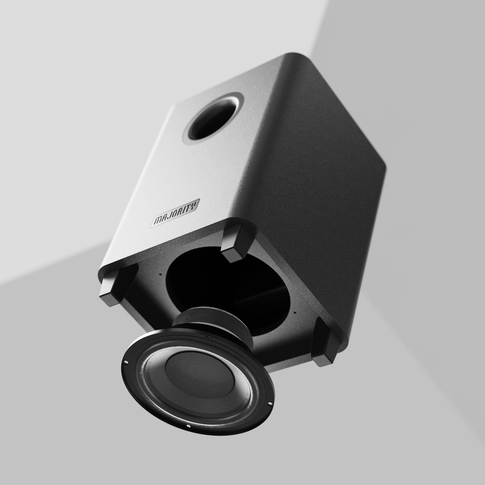 Soundbar Majority Naga černý Spodní pohled na subwoofer Majority s vysunutým basovým reproduktorem.