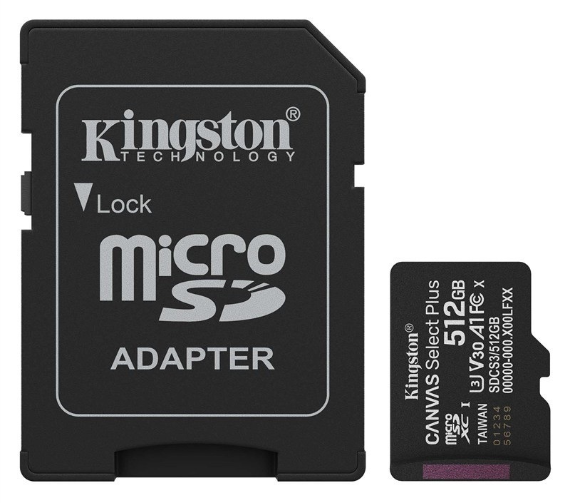 Paměťová karta Kingston Canvas Select Plus MicroSDXC 512GB UHS-I U3 (R150/W30) + adaptér černá