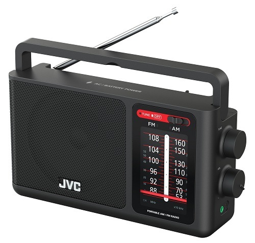 Pohled z boku na černé rádio JVC RA-E435B v černé barvě, zobrazující ovládací kolečka pro ladění a hlasitost na boční straně přístroje