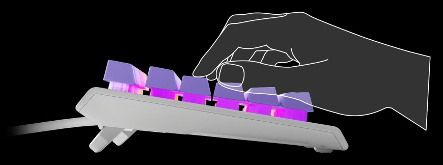 Klávesnice SteelSeries Apex 3 TKL Amethyst, US layout bílá/fialová Boční profil klávesnice s výklopnými nožkami