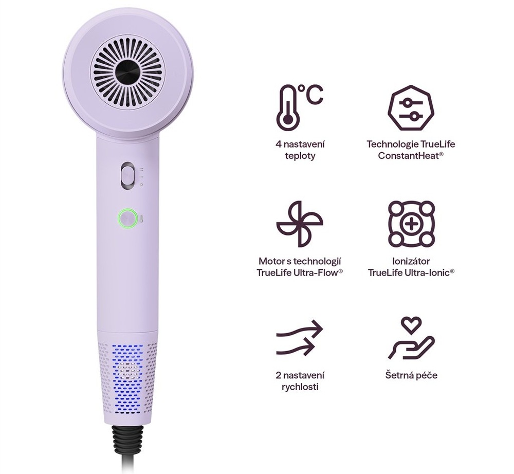 Fén Truelife HairDryer D2 poskytuje 4 teplotní režimy a 2 rychlosti