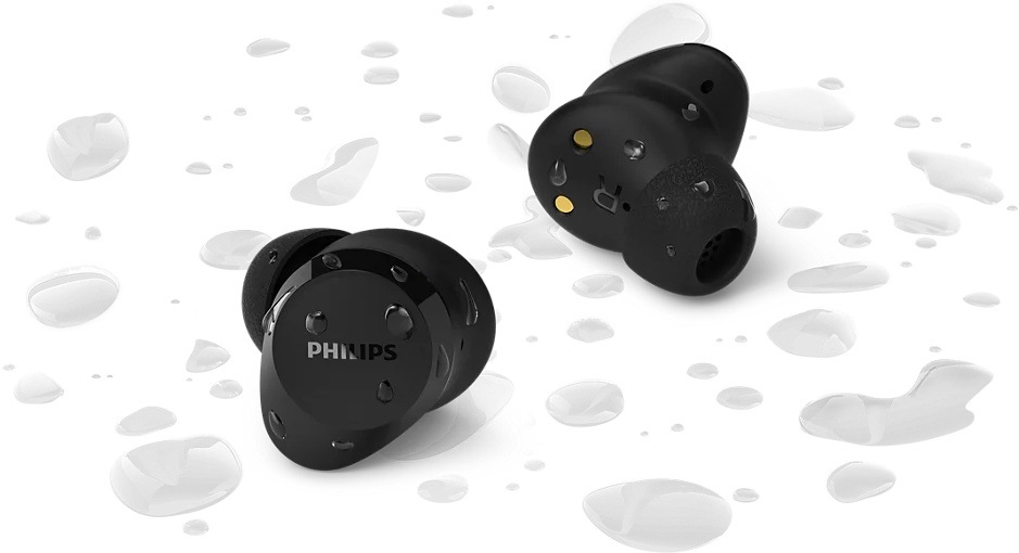 Sluchátka Philips TAT1300BK/00 černá Detail špuntů Philips TAT1300BK/00 s kapkami vody
