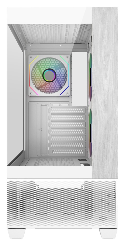 Case Cooler Master Elite 690 Wood bílá Pohled do bílé počítačové skříně - Case Cooler Master Elite 690 Wood – s běžícími ventilátory ARGB