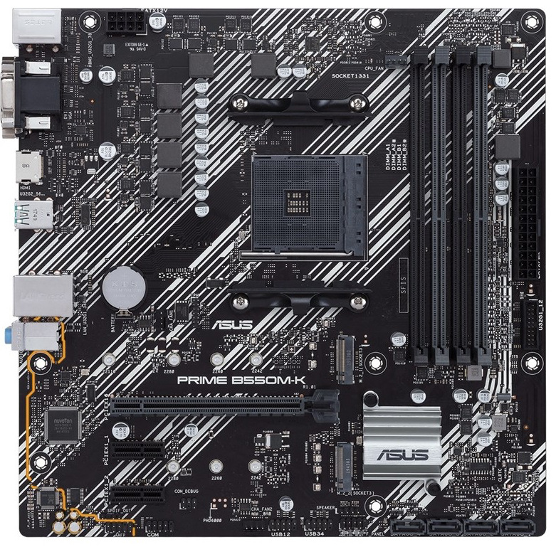 Pohled shora na desku s porty a sloty pro připojení komponentů. Přibližně u středu slot pro CPU.