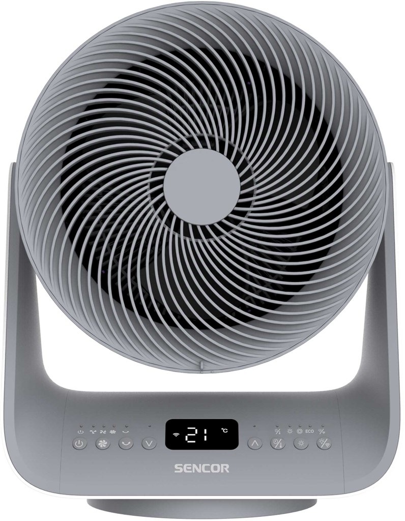 Teplovzdušný ventilátor Sencor SFH 9200GY šedý Teplovzdušný cirkulátor Sencor SFH 9200GY s displejem zobrazujícím 21 °C, čelní pohled.