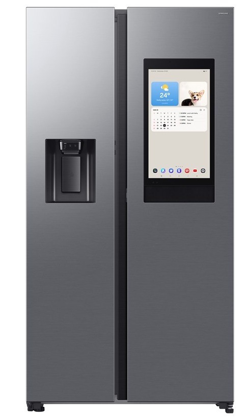 lednice Samsung RS90F66BETEO se zapnutým displejem familyhub