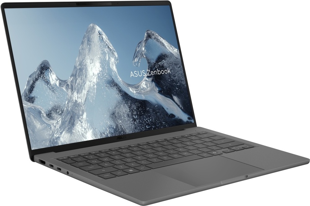 Notebook Asus Zenbook A14 šedý Notebook ASUS Zenbook A14 šikmo ze strany s viditelnými konektory