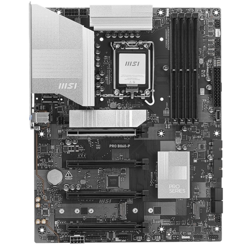 Základní deska MSI PRO B860-P Intel 1851 v černé a stříbrné barvě.