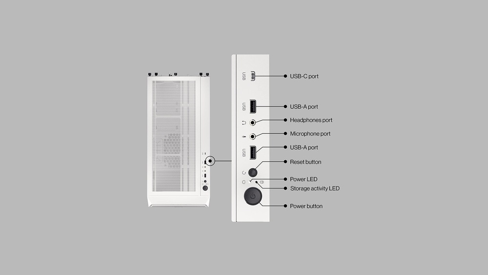 Pohled na přední stranu počítačové skříně a boční panel s označenými porty a tlačítky. Obsahuje porty USB-C, USB-A, sluchátek a mikrofonu, tlačítka resetování a napájení a LED diody aktivity.
