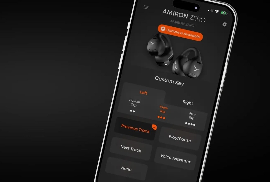 Sluchátka Beyerdynamic Amiron Zero Bluetooth Open-Ear Clip černá/oranžová Detail smartphonu s otevřenou aplikací Beyerdynamic kompatibilní se sluchátky Amiron Zero