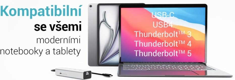 Na obrázku je reklamní grafika USB-C hubu i-tec vedle tabletu a notebooku. Vlevo je český text, který říká, že zařízení je kompatibilní se všemi moderními notebooky a tablety. Na displeji notebooku jsou vypsané podporované standardy USB-C, USB4 a Thunderbolt 3, 4 a 5. Dole vlevo leží samotný stříbrný hub s krátkým kabelem.
