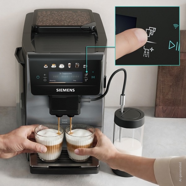 Automatický kávovar Siemens EQ600 iAroma TP603EM6 stříbrný Dvě kávové speciality připravené v kávovaru Siemens TP603EM6