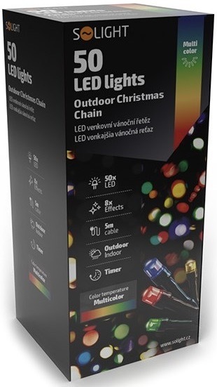 Vánoční osvětlení Solight řetěz, 50 LED, 5+3m, 8 funkcí, časovač, IP44, vícebarevný