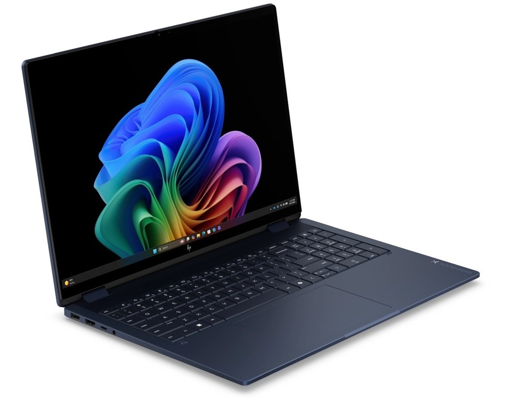 Notebook HP OmniBook X Flip AI 16-cc0000ncx + Game Pass předplatné na 2 měsíce modrý Otevřený a zapnutý notebook HP OmniBook X Flip AI otočený doprava