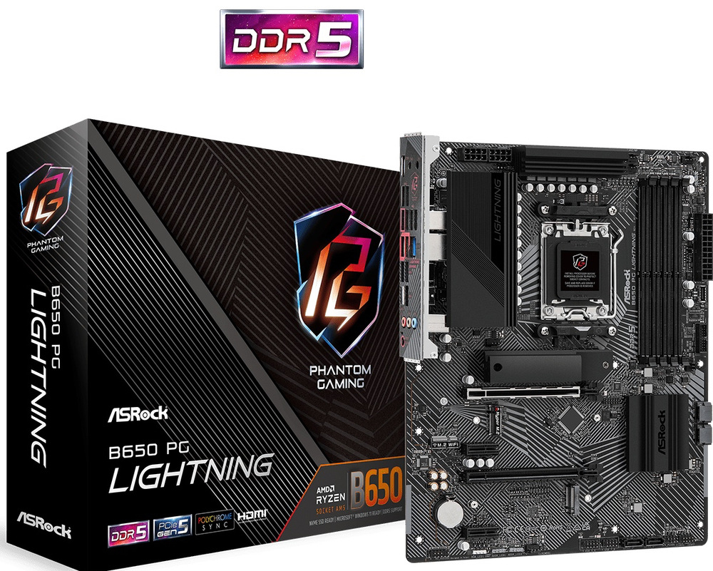 Základní deska ASRock B650 PG Lightning Celkový pohled na balení desky. Na levé straně krabice s popisem parametrů, vpravo deska.