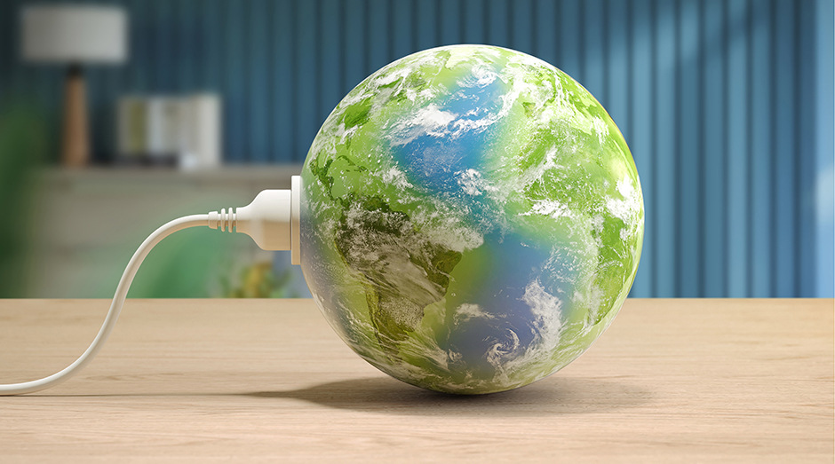 Zvlhčovač vzduchu Philips 4000 Series HU4210/03 šedý Ilustrace zeměkoule s elektrickou zástrčkou znázorňující energeticky úsporný provoz zvlhčovače vzduchu Philips HU4210/03 4000 Series.