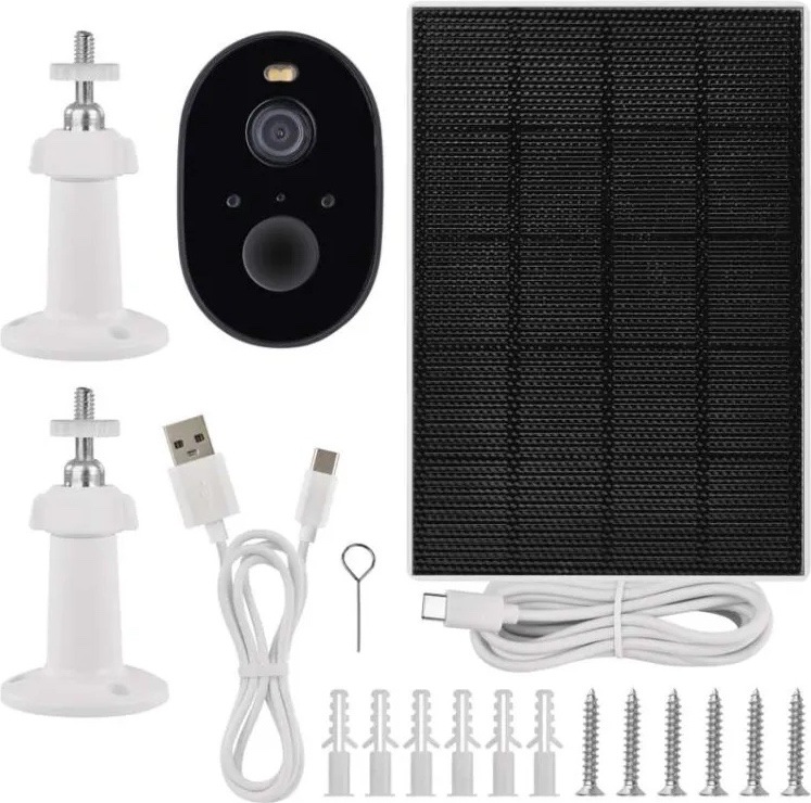 Obsah balení kamery EMOS GoSmart. Vidět je kamera, solární panel s kabelem, dva držáky, nabíjecí USB kabel, resetovací jehla, hmoždinky a šrouby pro montáž.