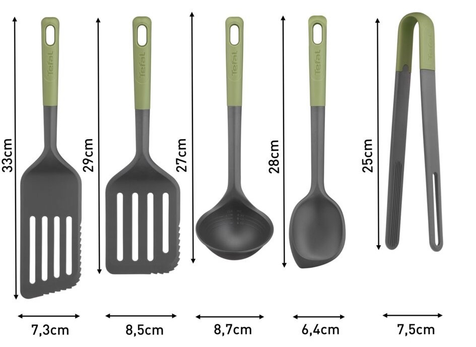 Sada kuchyňského náčiní Tefal Essential K279S555, 5 ks plast Sada kuchyňského náčiní Tefal Essential K279S555 s konkrétními rozměry