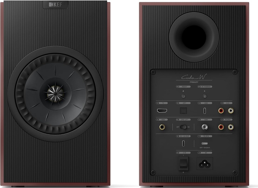 Reproduktory KEF Coda W (2 ks) červené Aktivní reproduktor KEF Coda W zepředu a zezadu s přehledem konektorů včetně HDMI, USB-C, optického vstupu, RCA a výstupu pro subwoofer