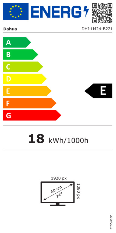 Monitor Dahua LM24-B221 černý Energetický štítek monitoru Dahua LM24-B221 s třídou účinnosti E a spotřebou 18 kWh