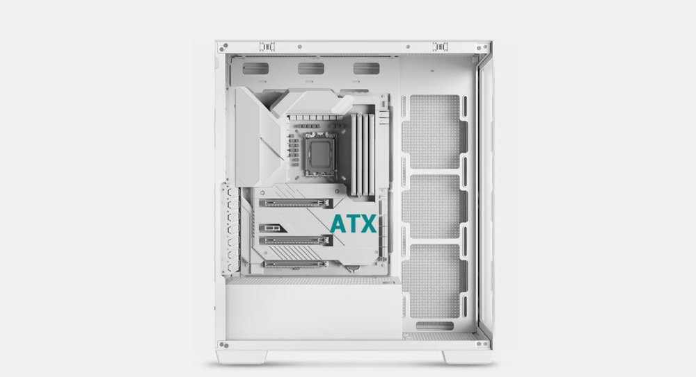 Záběr na PC skříň s minimalistickým designem, zobrazující podporu základních desek ve formátu ATX. Vnitřní prostor je vzdušný s oddíly pro komponenty, což navozuje dojem čisté estetiky.
