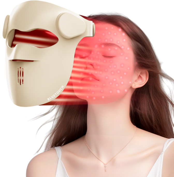 Žena používá LED masku Bluetouch pro obličej během světelné terapie s vyznačeným působením LED světla na pleť