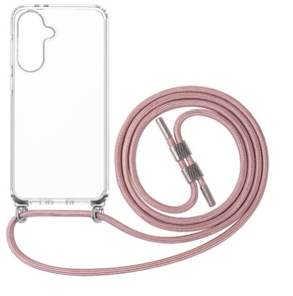 Kryt na mobil FIXED Pure Neck s růžovou šňůrkou na krk na Samsung Galaxy A36 5G/A56 5G průhledný