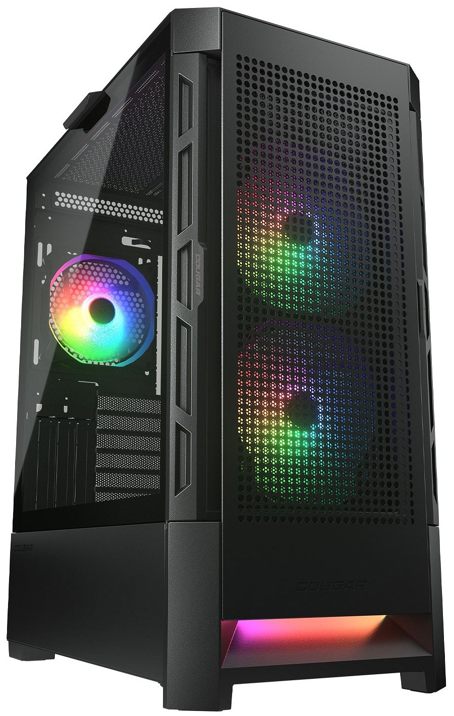 Case Cougar DUOFACE RGB černá Pohled zepředu na černou skříň s prosklenou bočnicí; za předním panelem svítí dva velké ARGB ventilátory, na zadní stěně jeden. Celá přední stěna je jemně perforovaná pro lepší chlazení.