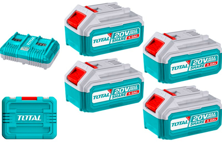 Set baterie a nabíječky Total Tools TFBCLI20244 se čtyřmi 20V akumulátory, dvoumístnou nabíječkou a kufrem
