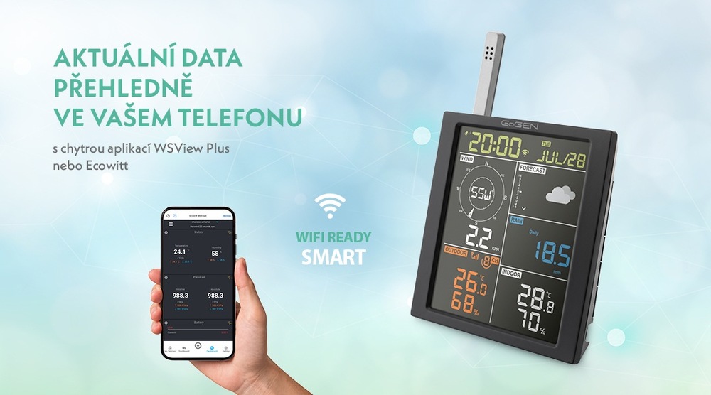 Meteostanice GoGEN ME 3700 s barevným displejem a mobilní aplikací WSView Plus, která umožňuje sledování aktuálních meteorologických dat na chytrém telefonu