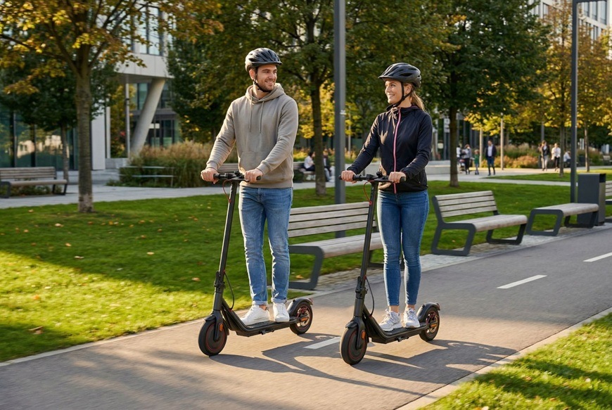 Muž a žena jedou na elektrických koloběžkách Sencor po upravené cyklostezce v městském parku. Oba mají nasazené helmy a během jízdy spolu komunikují, což působí přirozeně a uvolněně. Okolí doplňují lavičky, zeleň a moderní budovy.