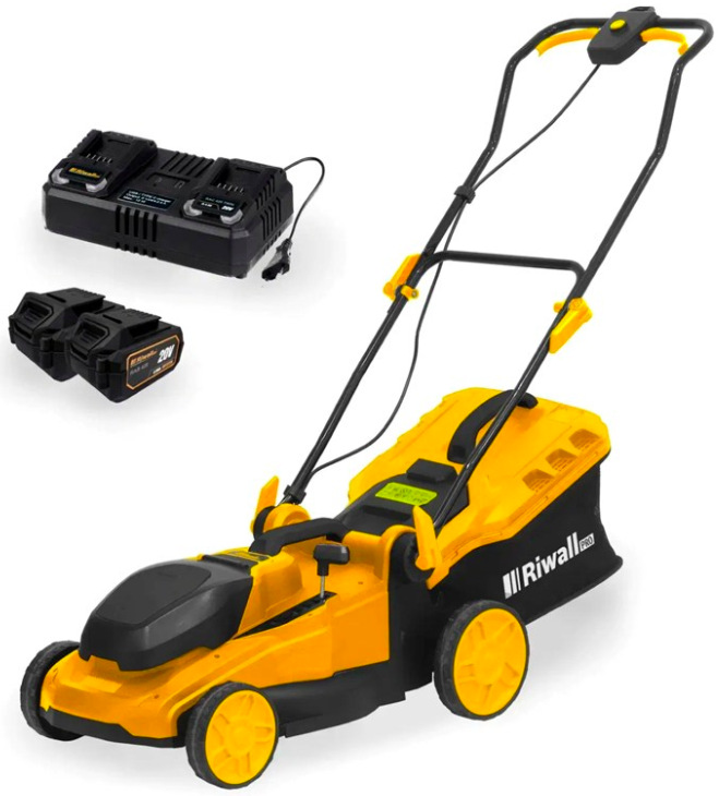 Akumulátorová sekačka Riwall RALM 4020i SET se dvěma 20V akumulátory 4 Ah a nabíječkou v balení.