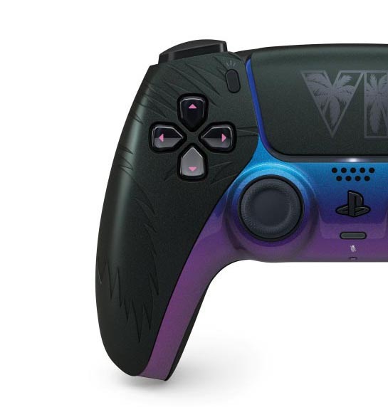 Detailní záběr černého ovladače PlayStation s modrými a fialovými prvky, směrovou klávesou a palcovými páčkami; elegantní, futuristický herní design.