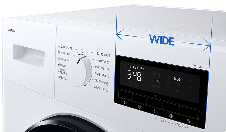 Pračka Samsung WW80FG3M05AWLF bílá Pračka Samsung WW80FG3M05AWLF - detail šířky displeje pračky