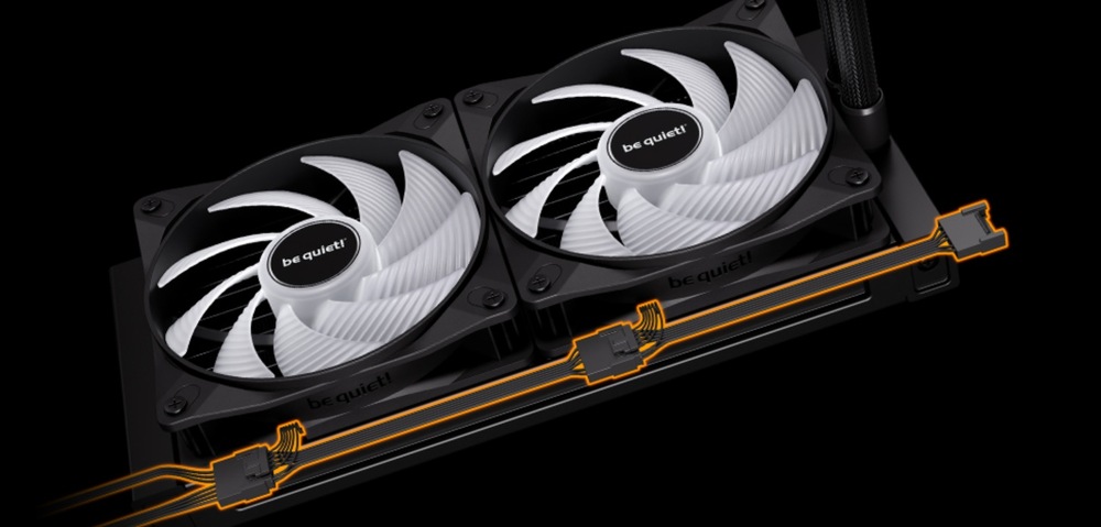 Dvojice ventilátorů s rozměrem 120 mm uvnitř chladiče be quiet! Pure Loop 3 LX 240 pracuje tiše a efektivně