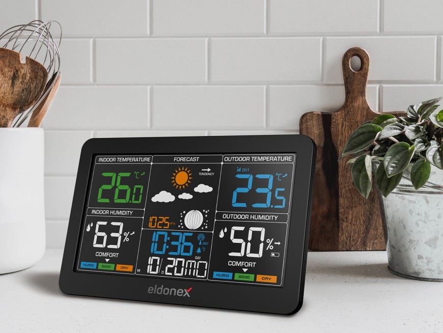 Meteorologická stanice Eldonex EWS-1010 černá Meteostanice Eldonex WeatherCheck EWS-1010 umístěná v interiéru
