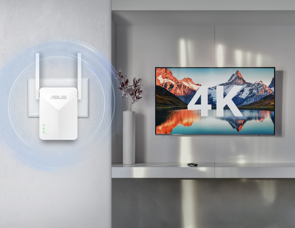 Wi-Fi extender Asus RP-AX50 bílý Wi-Fi extender ASUS zapojený v zásuvce přenáší signál k televizoru s obsahem 4K.