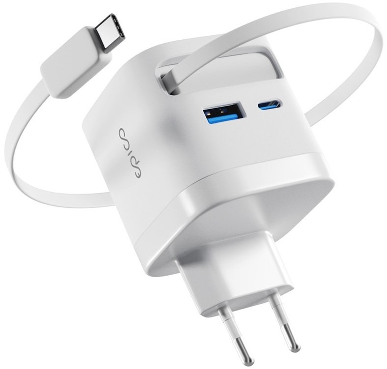 Nabíječka do sítě Epico UltraBoost Retractable GaN 65W EA65c s integrovaným USB-C kabelem o délce 0,7 m