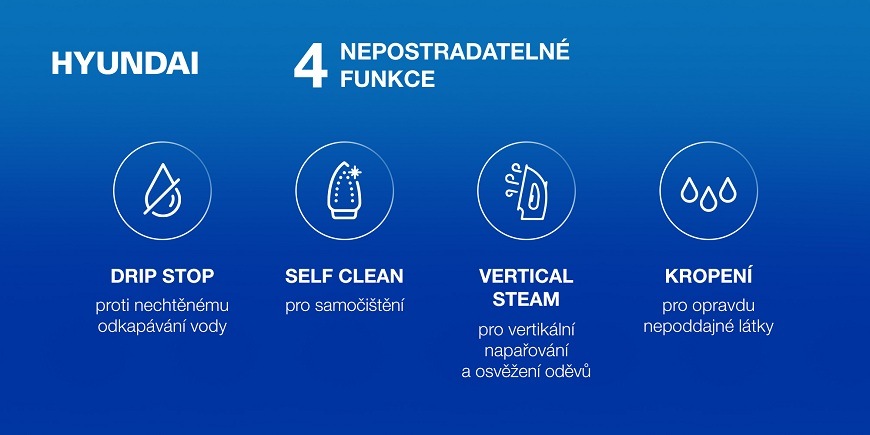 Žehlička Hyundai SI885 stříbrná/modrá Infografika Hyundai se 4 funkcemi žehličky: Drip Stop (proti nechtěnému odkapávání vody), Self Clean (pro samočištění), Vertical Steam (pro vertikální napařování a osvěžení oděvů) a Kropení (pro opravdu nepoddajné látky). Modré pozadí, bílé ikony