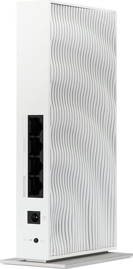 Router Acer Connect Wave 7 - Wifi 7 Mesh Router/DualPack Bílý router Acer Connect Wave 7 ve svislém provedení na plochém podstavci. Z boku jsou vidět síťové porty, napájecí konektor a tlačítka Reset a WPS, přední panel má výrazný vlnkovaný vzor.