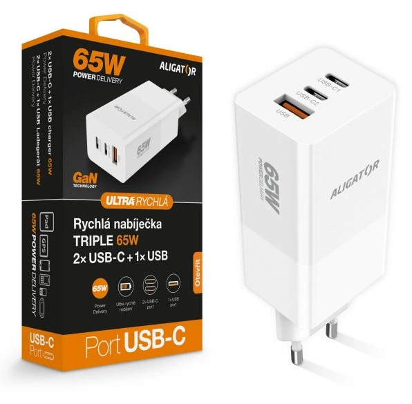 Nabíječka do sítě Aligator GaN, PD 65W, 2xUSB-C + USB bílá