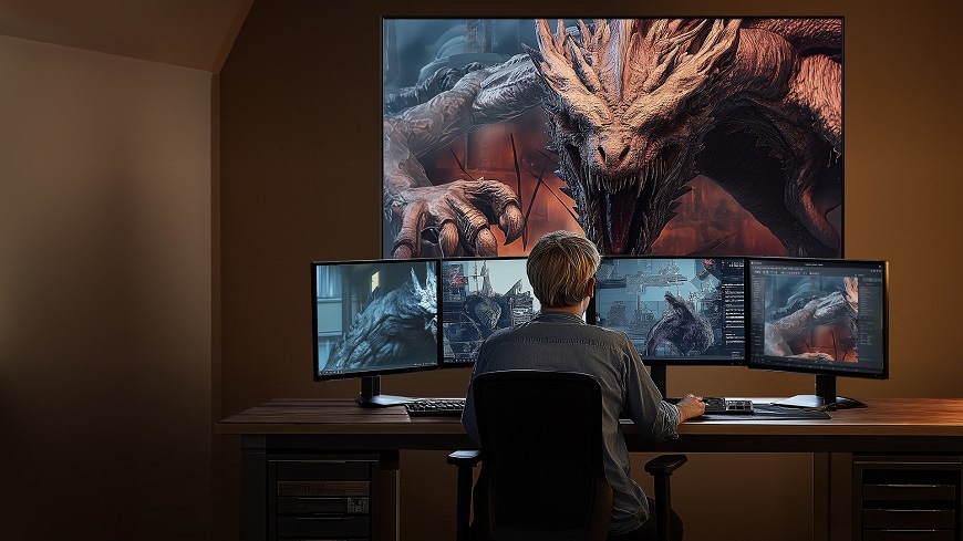 Na obrázku sedí muž u pracovního stolu se třemi monitory a velkou televizí Hisense 50E7PRO, na které je zobrazen detailní obraz draka z fantasy filmu. Scéna znázorňuje režim Filmmaker Mode, který zachovává původní barevnost, kontrast a poměr stran, aby divák viděl film přesně tak, jak ho tvůrci zamýšleli.