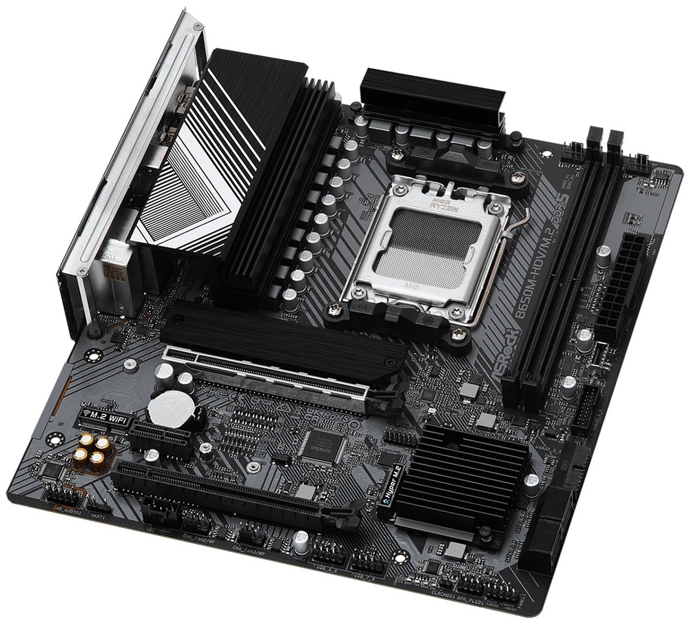 Základní deska ASRock B650M-HDV/M.2 Shora vidíte micro ATX desku s blokem zadních portů vlevo nahoře. Uprostřed je patice procesoru AM5, po pravém okraji jsou 2 sloty pro DDR5 a 24pin napájení. Dole jsou dlouhé PCIe sloty pro grafiku, mezi nimi a paticí bývají M.2 pozice pro SSD a u spodní pravé části konektory SATA.